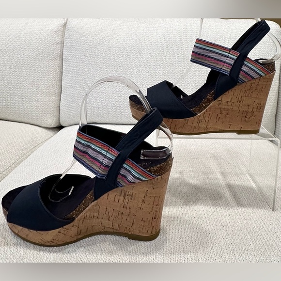 New Madden Girl Feliciti Navy Blue & Multicolor Wedge Sandals w Cork Bases~7.5 - Picture 4 of 14